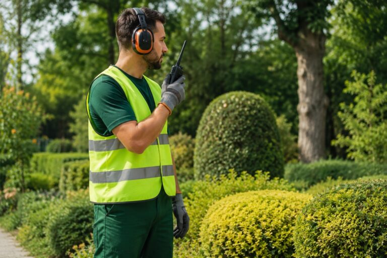Agent d'entretien en gilet fluo, talkie-walkie en main, dans un parc : le PoC pour les équipes d'espaces verts et forestières