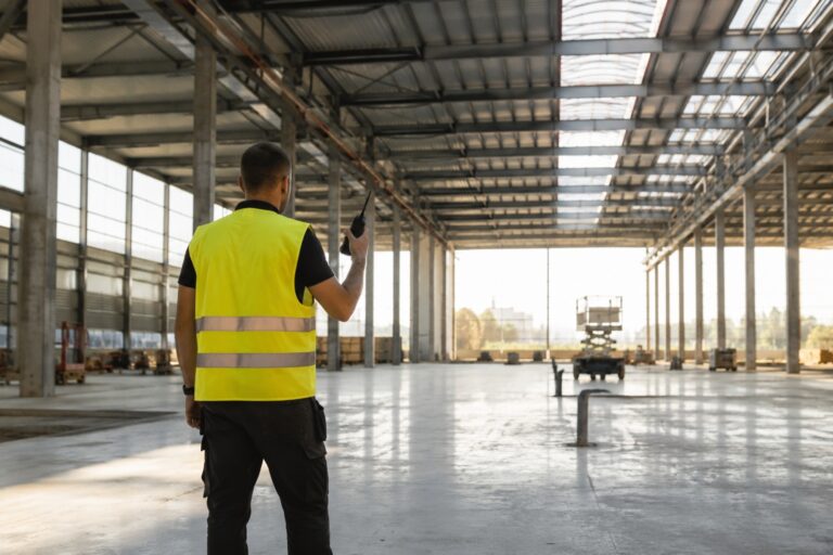 Technicien en gilet fluo, talkie-walkie en main, dans un entrepôt : le PoC coordonne les équipes de gestion de bâtiments