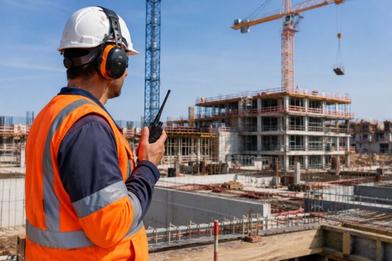Chef de chantier casqué, radio en main, devant grues et étages en construction : le PoC pour les équipes du BTP et de l'industrie
