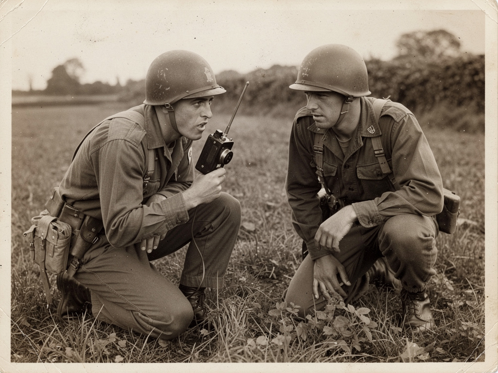 Soldat utilisant un talkie-walkie portatif des années 1940, ancêtre du push-to-talk