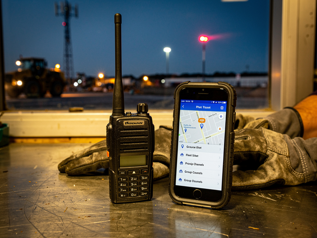Une radio professionnelle à spectre dédié et un terminal PoC cellulaire posés côte à côte sur un établi