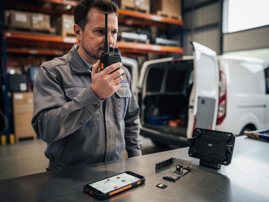 Technicien transmettant un message en push-to-talk depuis un terminal PoC durci en atelier industriel